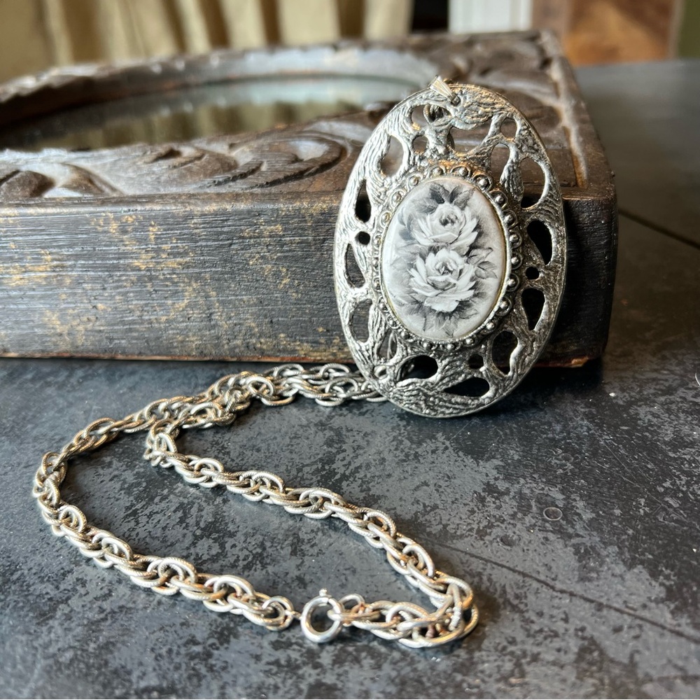 Chunky Silver Pendant Necklace Rose Flower Black Funky Floral Oval Medallion